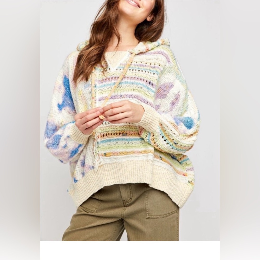 Free People Pastel Flower Child Knit Hooded Poncho HTF